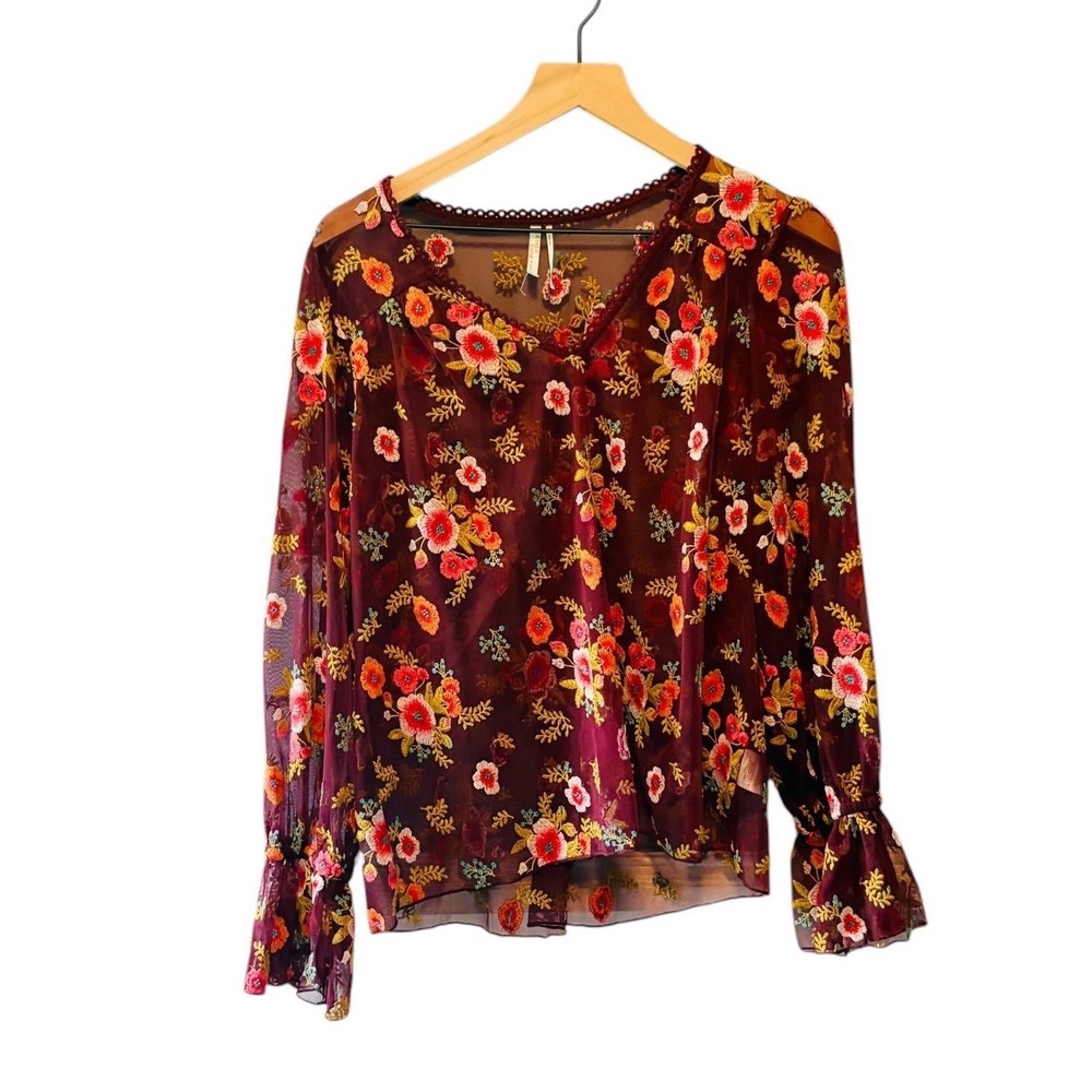 Feather Bone Anthropologie Burgundy Floral Embroidered Mesh Blouse sz M